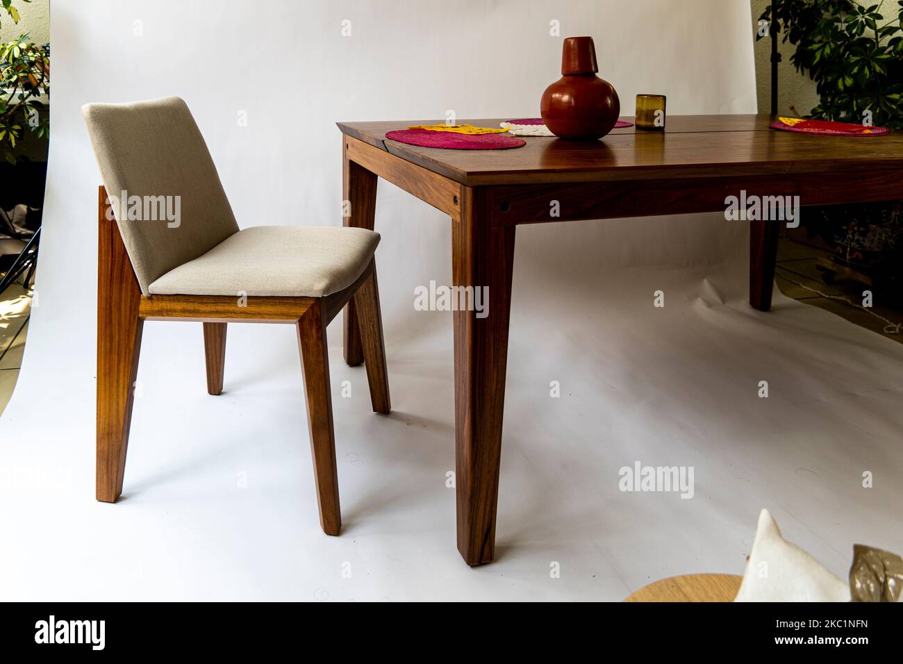 dining table ready for dinner, on white background design furniture