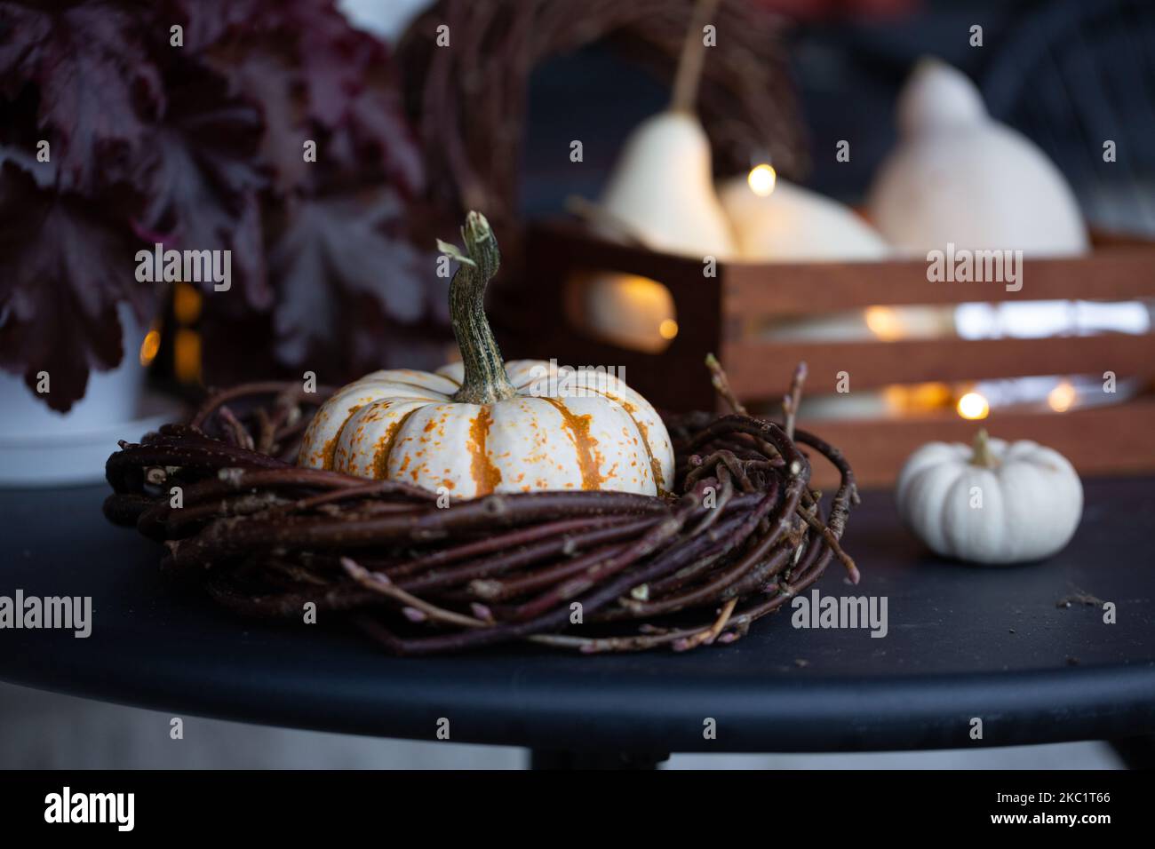 Autumn decorations with pumpkins, lights and wreaths. Front porch decoration. Stock Photo