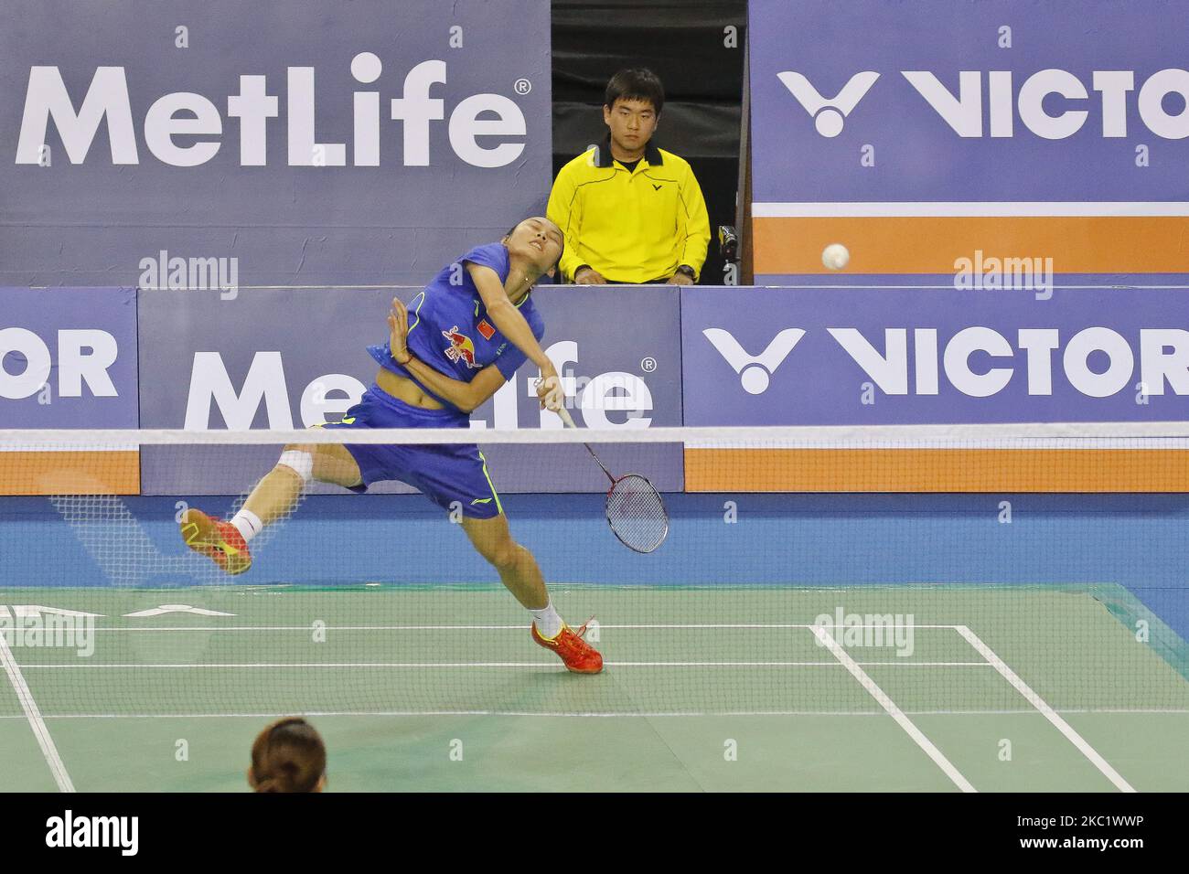 South Korea's Sung Ji Hyun play match during women's single final match against China's Wang Yihan at the Victor Korea Open Badminton final in Seoul, South Korea. South Korea's Sung Ji Hyun won the match score 2-1. (Photo by Seung-il Ryu/NurPhoto) Stock Photo