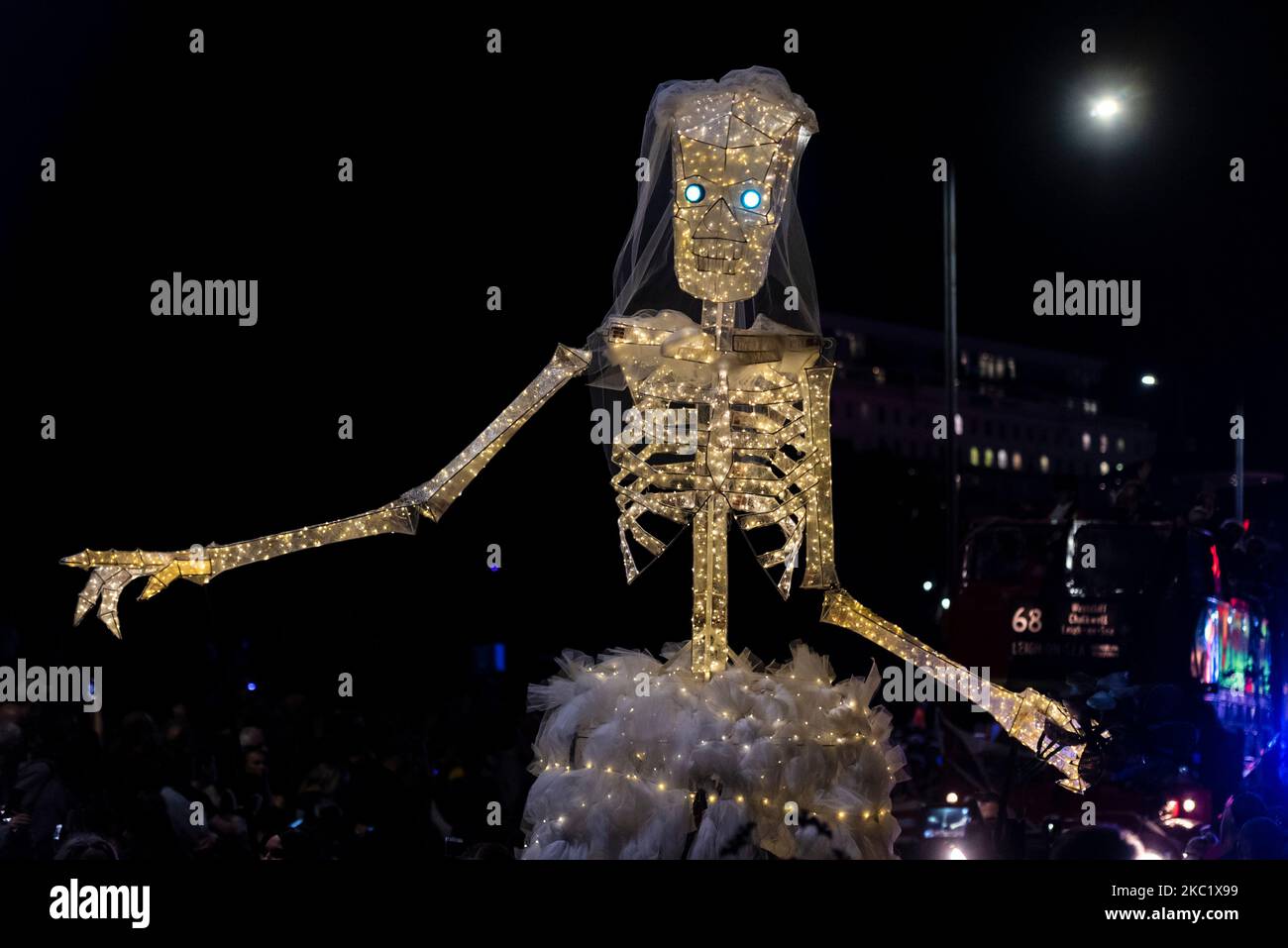 Corpse bride at the Halloween Parade in Southend on Sea, Essex, UK. Large illuminated figure by local artist sculptor Dave Taylor Stock Photo