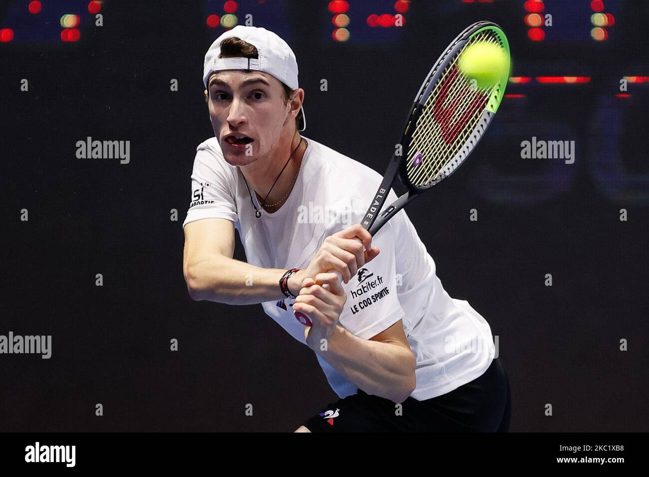 Ugo Humbert of France returns the ball to Andrey Rublev of Russia during  their ATP St. Petersburg Open 2020 international tennis tournament match on  October 15, 2020 at Sibur Arena in Saint