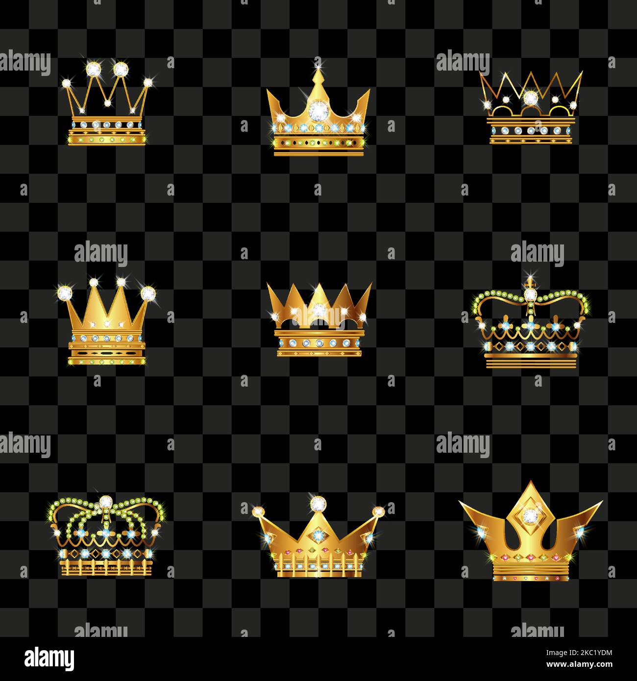 A group of the shiny golden king and queen crowns on a black square ...