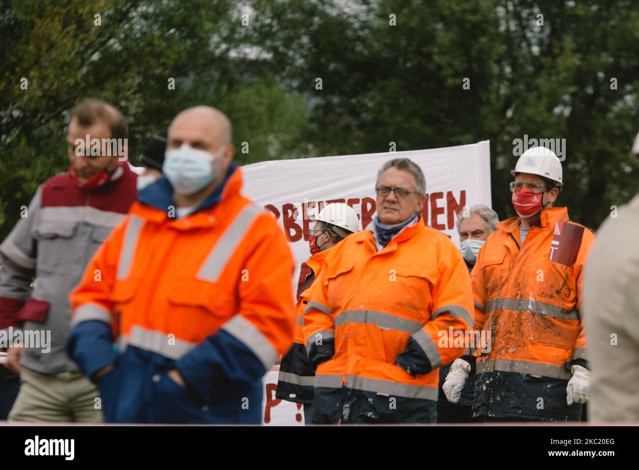 general view of steel workers protest and demand for rescue package in Duesseldorf, Germany, on October 16, 2020. (Photo by Ying Tang/NurPhoto) Stock Photo