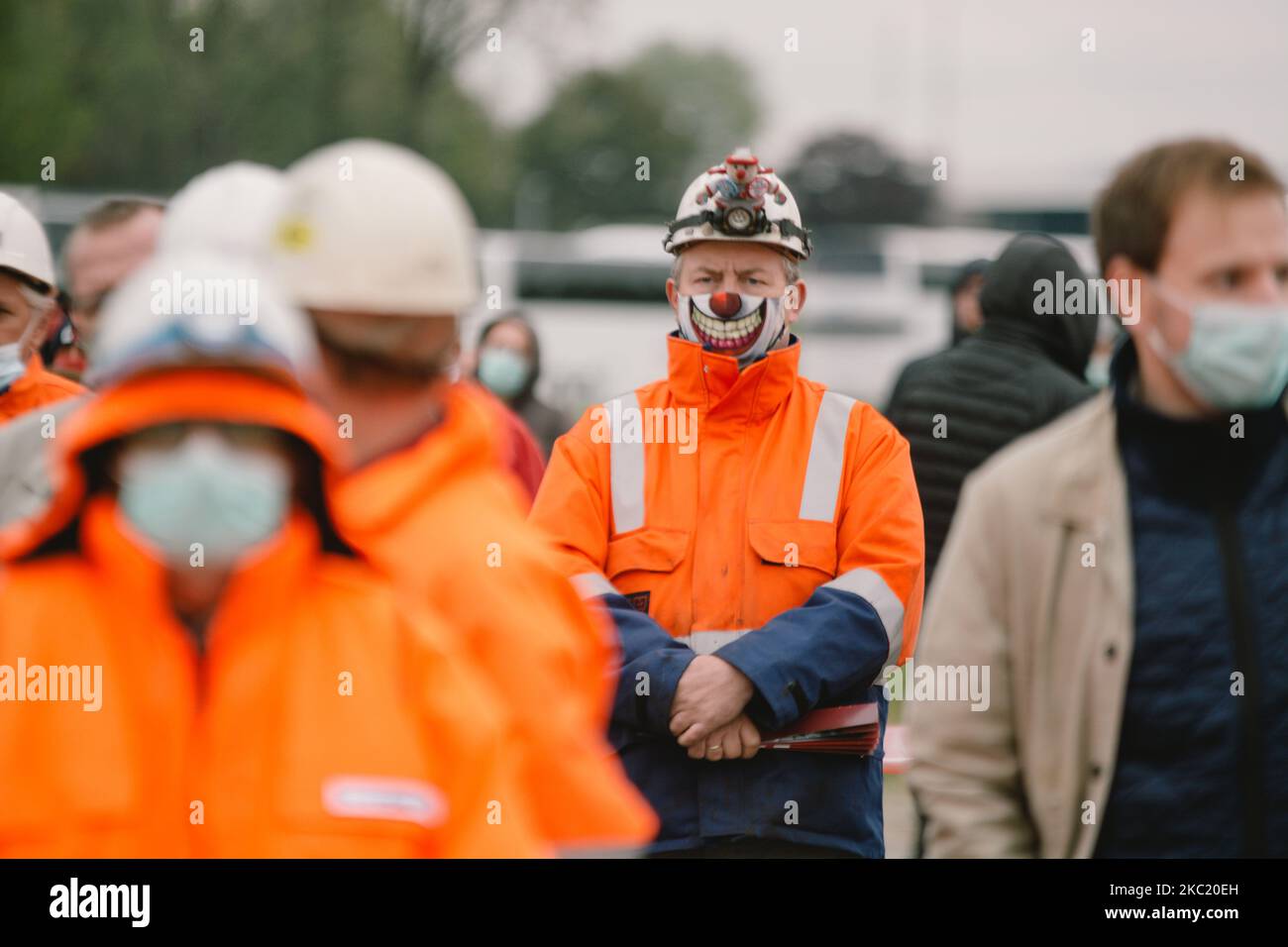 general view of steel workers protest and demand for rescue package in Duesseldorf, Germany, on October 16, 2020. (Photo by Ying Tang/NurPhoto) Stock Photo