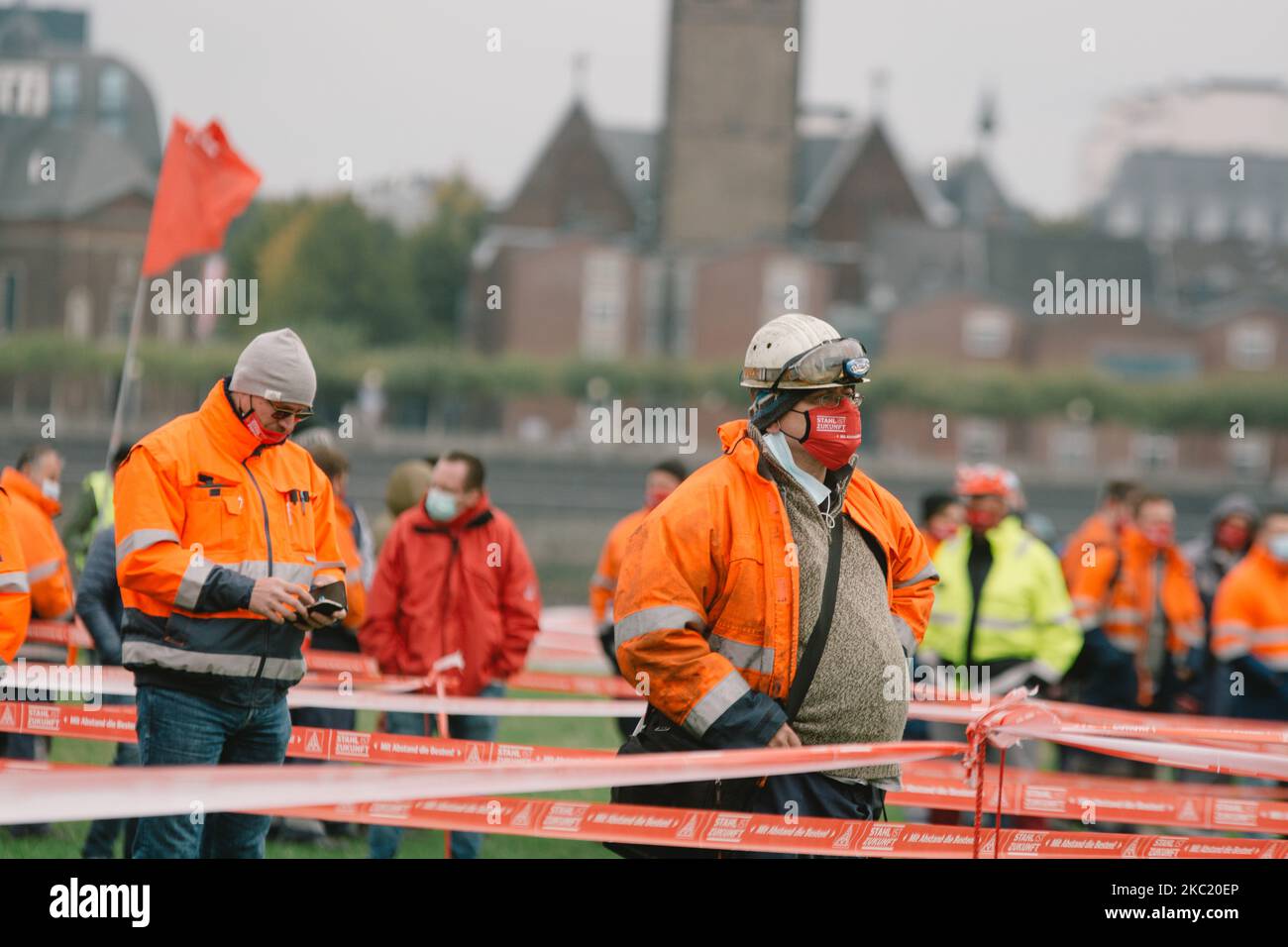 general view of steel workers protest and demand for rescue package in Duesseldorf, Germany, on October 16, 2020. (Photo by Ying Tang/NurPhoto) Stock Photo