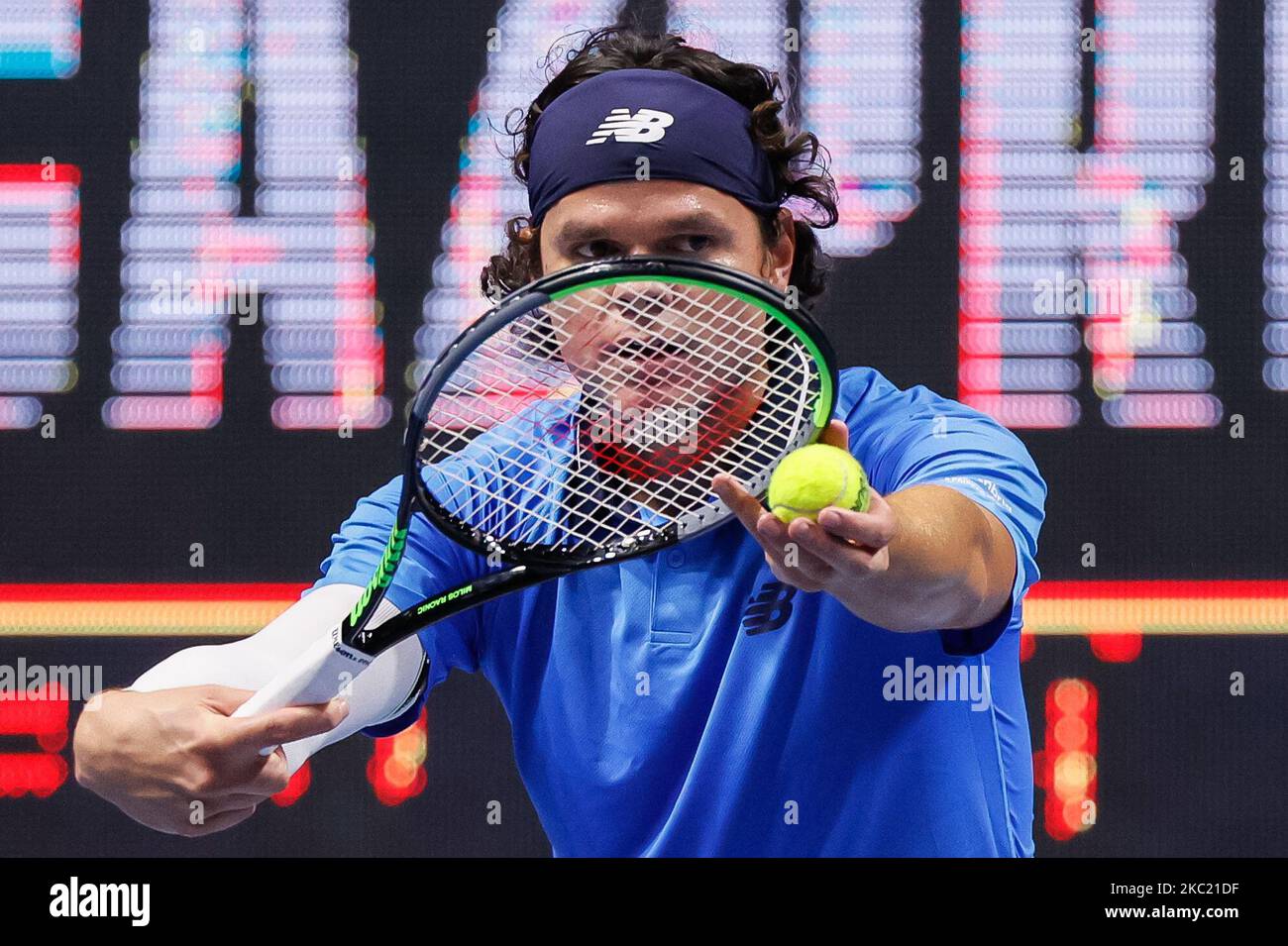 Milos Raonic of Canada serves the ball during his ATP St. Petersburg Open  2020 international tennis tournament semi-final match against Borna Coric  of Croatia on October 17, 2020 at Sibur Arena in