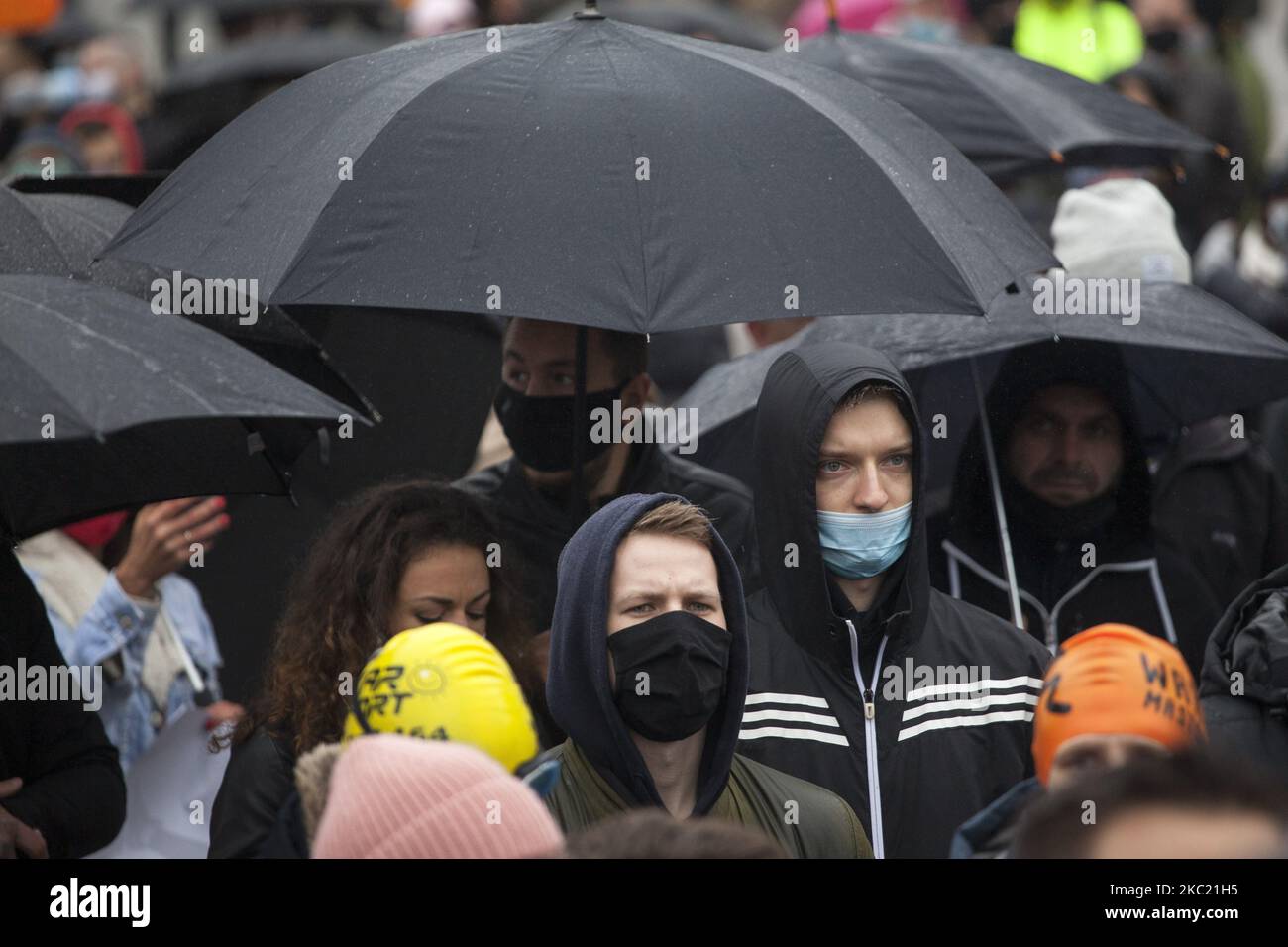 Protesters of fitness and gym workers against so called second lockdawn in Warsaw, Poland on October 17. (Photo by Maciej Luczniewski/NurPhoto) Stock Photo