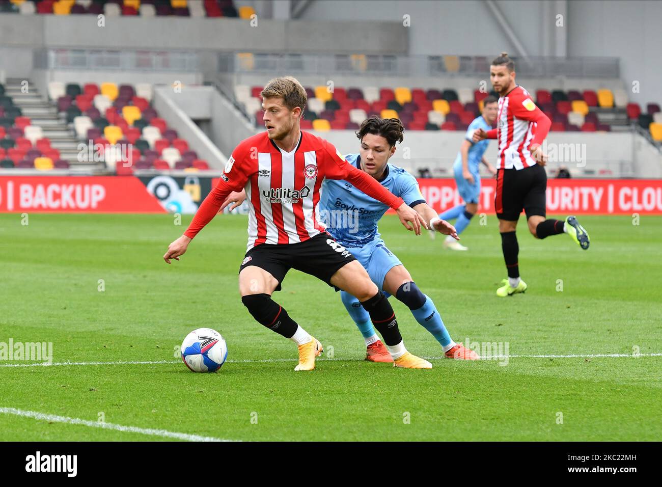 Mathias Jensen, Callum O'Hare during the Sky Bet Championship match between Brentford and Coventry City at Brentford Community Stadium on October 17, 2020 in Brentford, England. (Photo by MI News/NurPhoto) Stock Photo