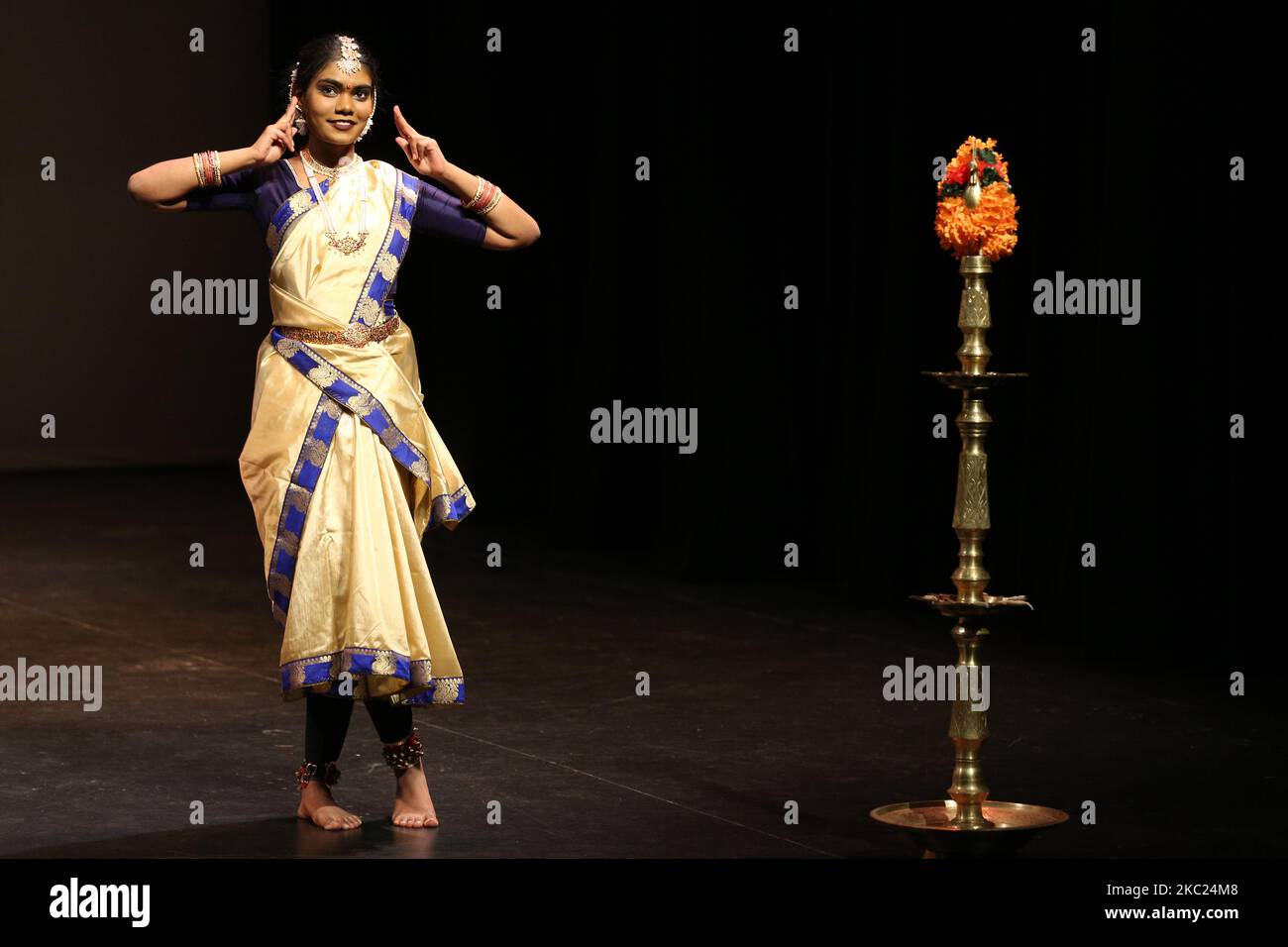 Tamil Bharatnatyam dancer performs during a cultural program celebrating the Thai Pongal Festival in Markham, Ontario, Canada, on January 13, 2019. The festival of Thai Pongal is a thanksgiving festival honoring the Sun God (Lord Surya) and celebrating a successful harvest. (Photo by Creative Touch Imaging Ltd./NurPhoto) Stock Photo