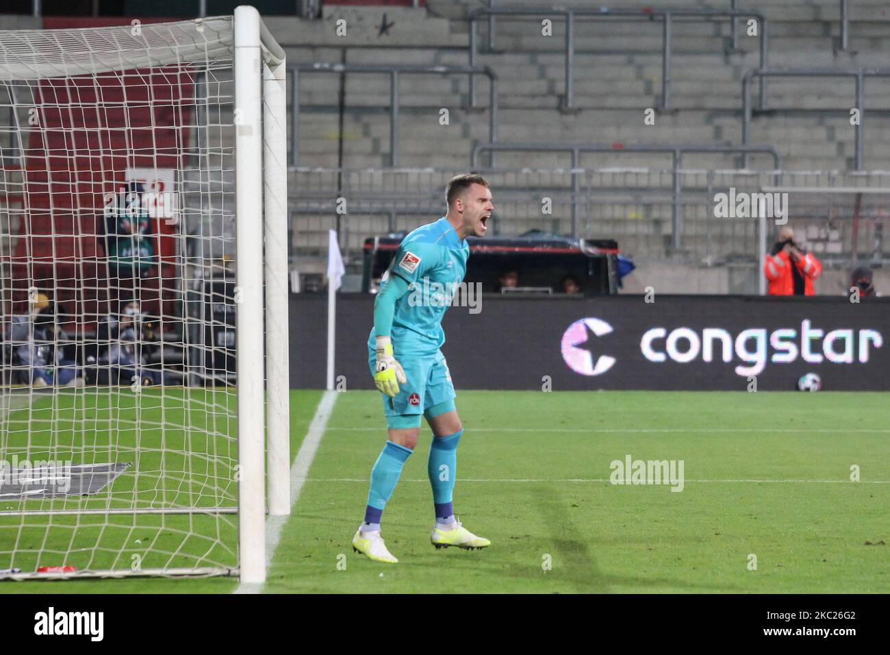 Goalkeeper Christian Mathenia of 1. FC Nuernberg reacts during the Second Bundesliga match between FC St. Pauli and 1. FC Nuernberg at Millerntor-Stadion on October 19, 2020 in Hamburg, Germany. (Photo by Peter Niedung/NurPhoto) Stock Photo