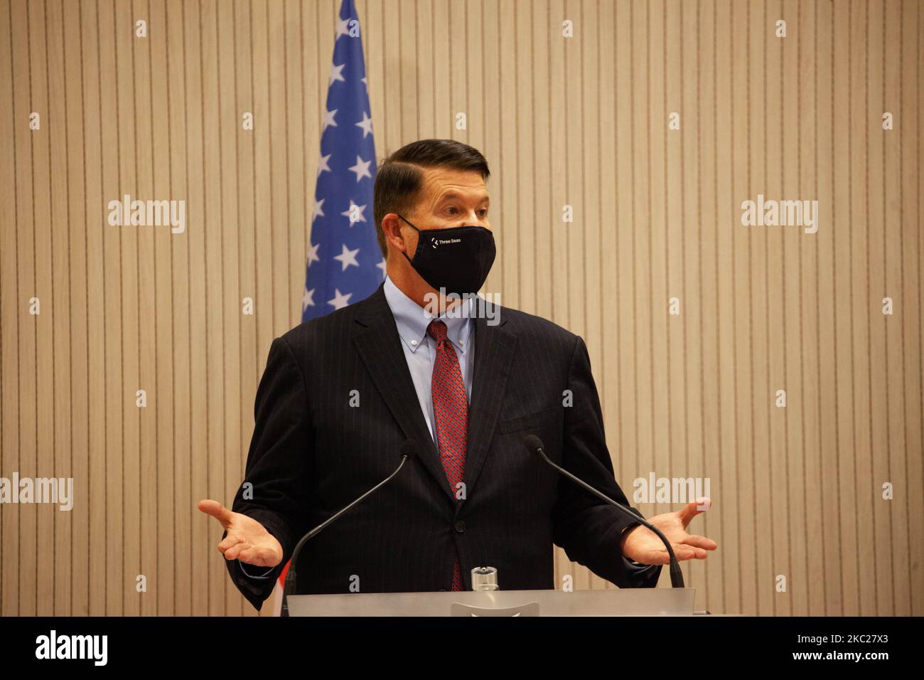 US Under Secretary for Economic Growth, Energy and the Enrivonment, Mr Keith Krach, speak to the media, in NIcosia, October 20, 2020 (Photo by George Christophorou/NurPhoto) Stock Photo