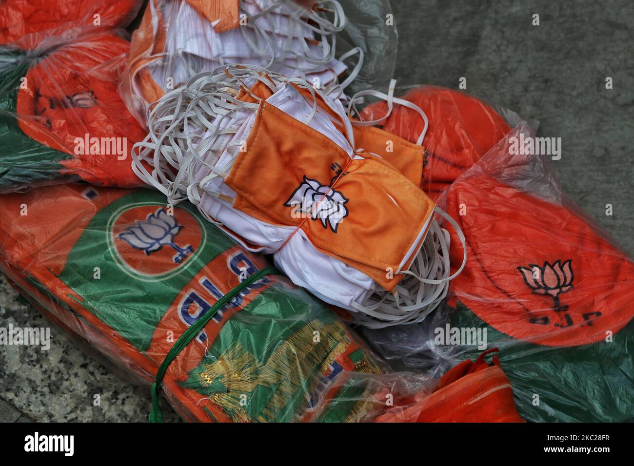 Election campaign material of various political parties being prepared during the local bodies elections, in Jaipur, Rajasthan, India, on October 20, 2020. (Photo by Vishal Bhatnagar/NurPhoto) Stock Photo