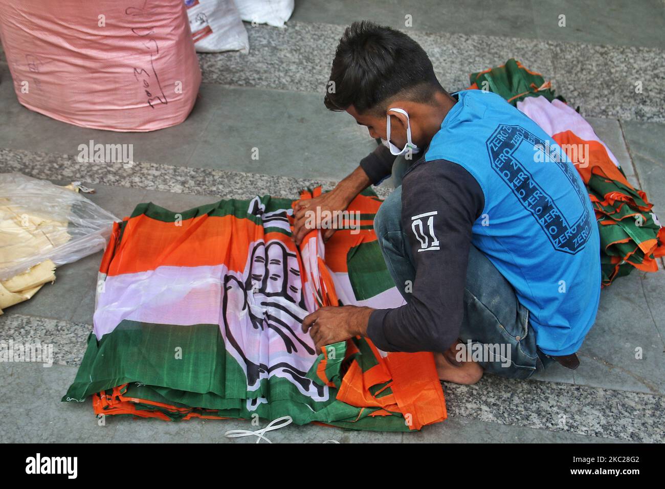 Election campaign material of various political parties being prepared during the local bodies elections, in Jaipur, Rajasthan, India, on October 20, 2020. (Photo by Vishal Bhatnagar/NurPhoto) Stock Photo