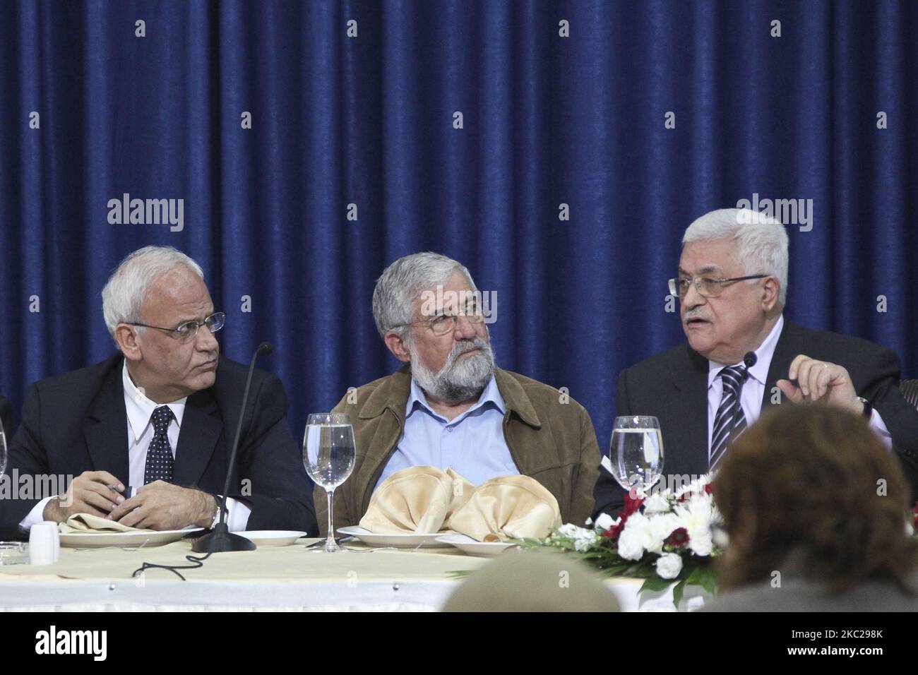 Senior Palestinian politician and diplomat and top PLO official Saeb Erekat (left) with Israeli politician Amram Mitzna (center) and Palestinian President Mahmoud Abbas (right) in the West Bank city of Ramallah on 19 December, 2010. Senior Palestinian politician and diplomat and top PLO official Saeb Erekat is in critical condition with COVID-19 after he was hospitalized at Israel's Hadassah Medical Center in Jerusalem on Sunday, 18 October, 2020. (Photo by Mati Milstein/NurPhoto) Stock Photo
