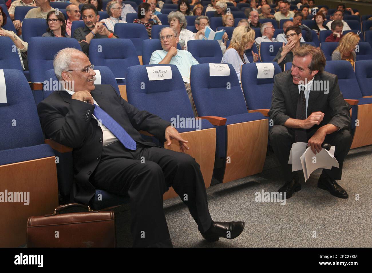 Senior Palestinian politician and diplomat and top PLO official Saeb Erekat (left) greets former French foreign minister and co-founder of Médecins Sans Frontières Bernard Kouchner at a conference organized by the Geneva Initiative organization in Tel Aviv, Israel, on 16 May, 2011. Senior Palestinian politician and diplomat and top PLO official Saeb Erekat is in critical condition with COVID-19 after he was hospitalized at Israel's Hadassah Medical Center in Jerusalem on Sunday, 18 October, 2020. (Photo by Mati Milstein/NurPhoto) Stock Photo