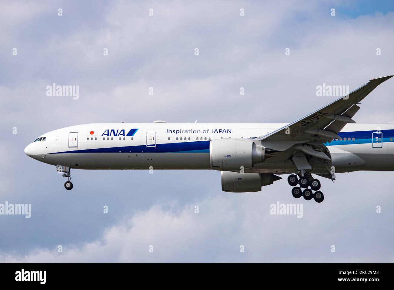 All Nippon Airways Boeing 777-300ER aircraft as seen on final approach with landing gear extended, flying and ready for landing at London Heathrow LHR EGLL International Airport in England, UK. The wide-body long haul airplane is flying since June 2019, has the registration JA795A and is powered by 2x GE jet engines. ANA NH is the largest airline in Japan-based with hubs in Tokyo Narita and Haneda airports and a member of Star Alliance aviation group. London Heathrow, United Kingdom on March 19, 2020 (Photo by Nicolas Economou/NurPhoto) Stock Photo