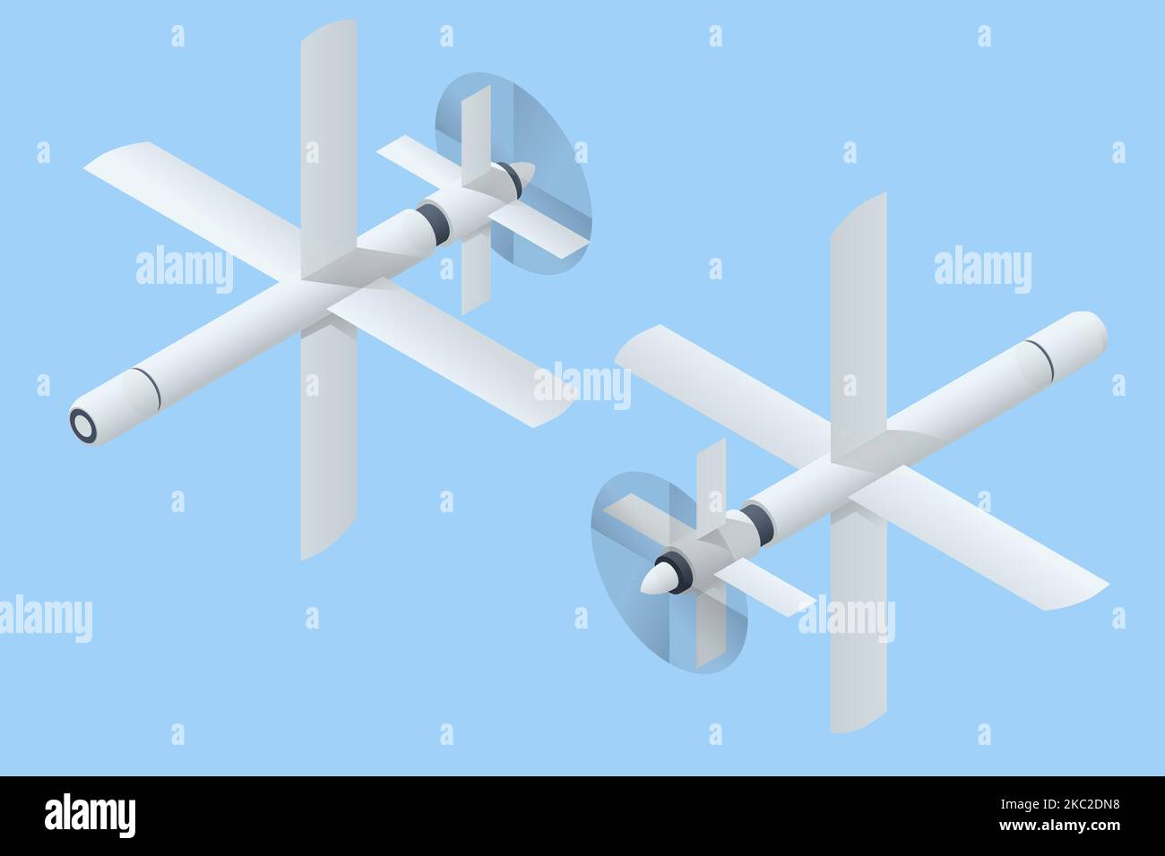 Isometric loitering munition. Kamikaze Drones Attack. Unmanned military technology. Air munition loiters around the target area for some time and Stock Vector