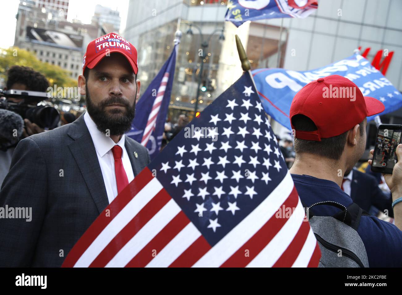 Supporters of President Trump clash with supporters of Joe Biden in Herald Square on October 24, 2020 in New York City. With the November 3rd Election Day fast approaching, tensions and verbal confrontations were heard from both party voters as they yelled slogans across 34th Street. (Photo by John Lamparski/NurPhoto) Stock Photo