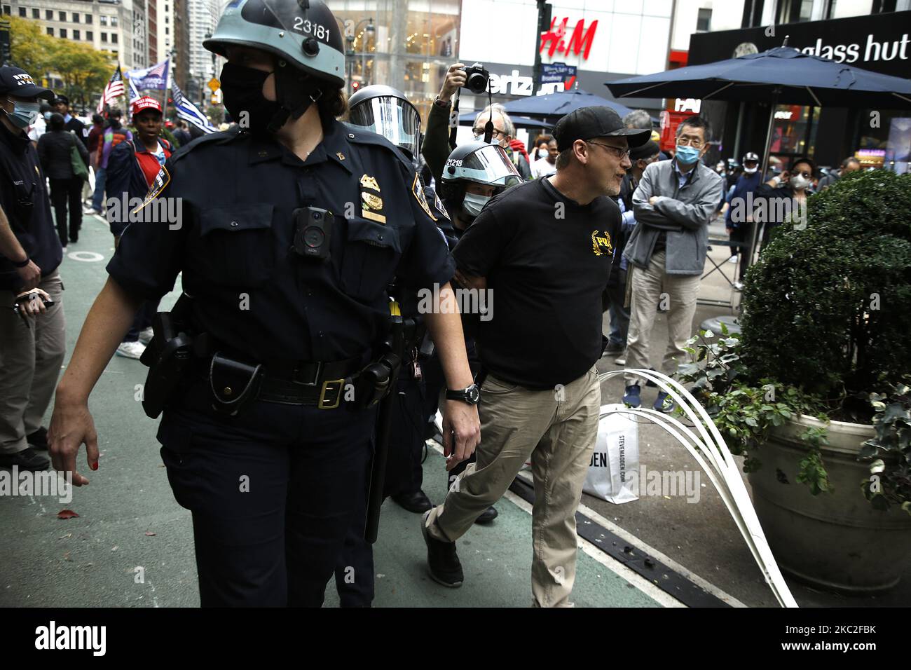 Supporters of President Trump clash with supporters of Joe Biden in Herald Square on October 24, 2020 in New York City. With the November 3rd Election Day fast approaching, tensions and verbal confrontations were heard from both party voters as they yelled slogans across 34th Street. (Photo by John Lamparski/NurPhoto) Stock Photo