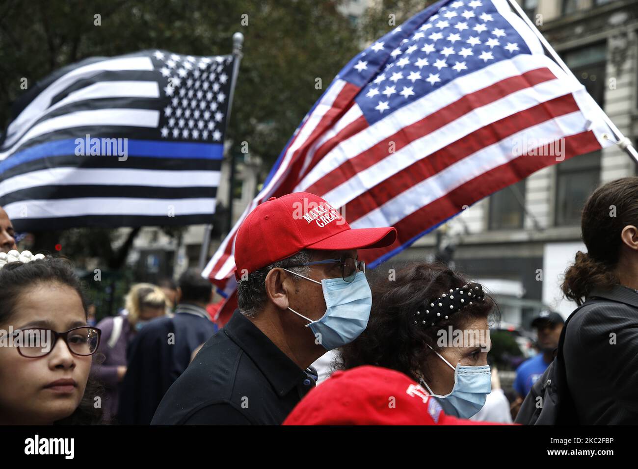 Supporters of President Trump clash with supporters of Joe Biden in Herald Square on October 24, 2020 in New York City. With the November 3rd Election Day fast approaching, tensions and verbal confrontations were heard from both party voters as they yelled slogans across 34th Street. (Photo by John Lamparski/NurPhoto) Stock Photo