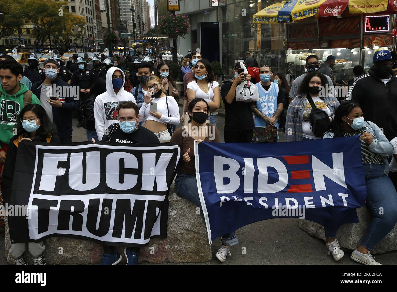 Supporters of President Trump clash with supporters of Joe Biden in Herald Square on October 24, 2020 in New York City. With the November 3rd Election Day fast approaching, tensions and verbal confrontations were heard from both party voters as they yelled slogans across 34th Street. (Photo by John Lamparski/NurPhoto) Stock Photo