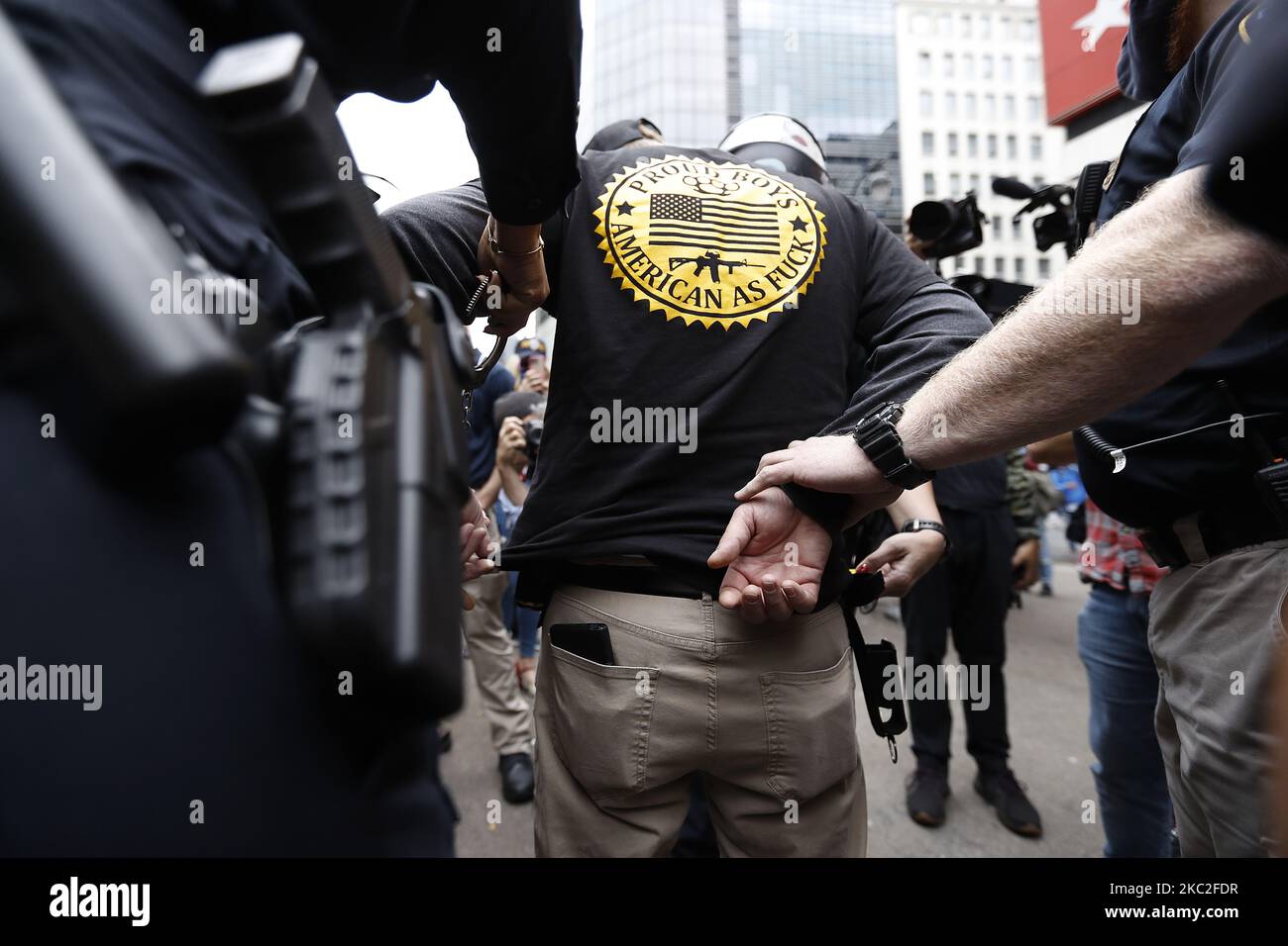 Supporters of President Trump clash with supporters of Joe Biden in Herald Square on October 24, 2020 in New York City. With the November 3rd Election Day fast approaching, tensions and verbal confrontations were heard from both party voters as they yelled slogans across 34th Street. (Photo by John Lamparski/NurPhoto) Stock Photo