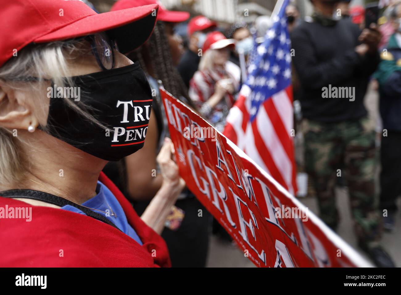 Supporters of President Trump clash with supporters of Joe Biden in Herald Square on October 24, 2020 in New York City. With the November 3rd Election Day fast approaching, tensions and verbal confrontations were heard from both party voters as they yelled slogans across 34th Street. (Photo by John Lamparski/NurPhoto) Stock Photo