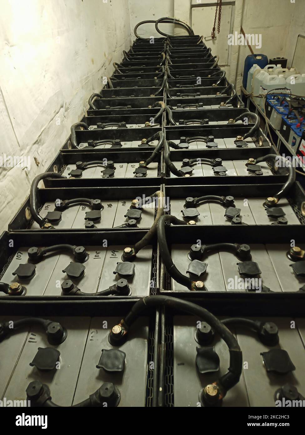 Emergency batteries connected in series from a ships battery room hires stock photography and