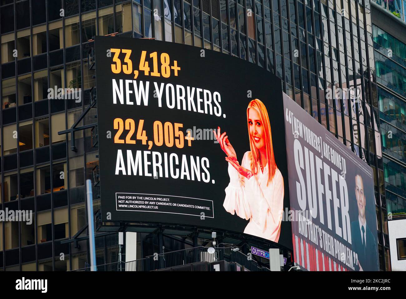 A view of Lincoln Project Billboard Times Square that depicts Ivanka trump presenting the number of New Yorkers and americans who have died of Covid-19 and Jared Kushner next to a Vanity Fair quote on October 25, 2020. (Photo by John Nacion/NurPhoto) Stock Photo