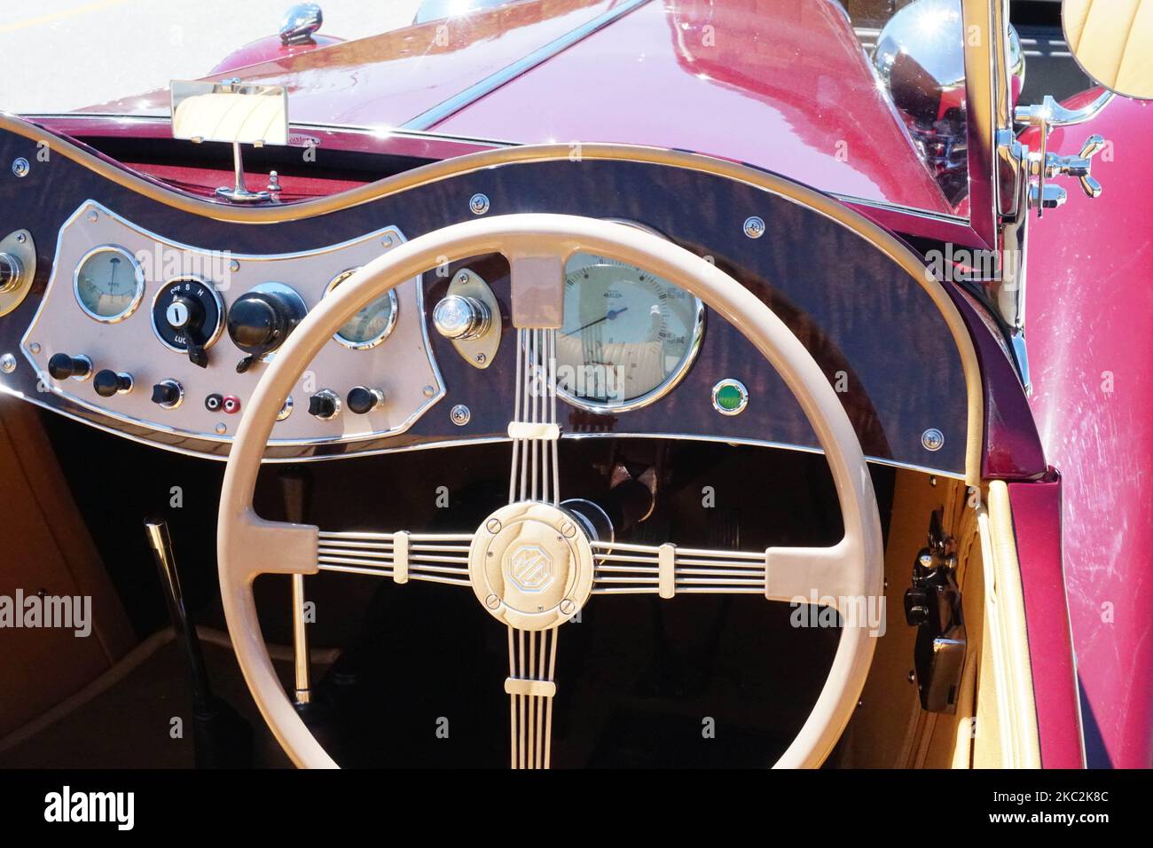 The interiors of the red MG TC car during the Naples Maine Blues