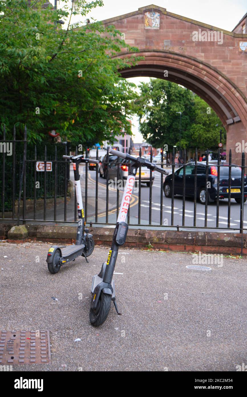 The two rental electric Ginger scooters isolated on a paved road by a
