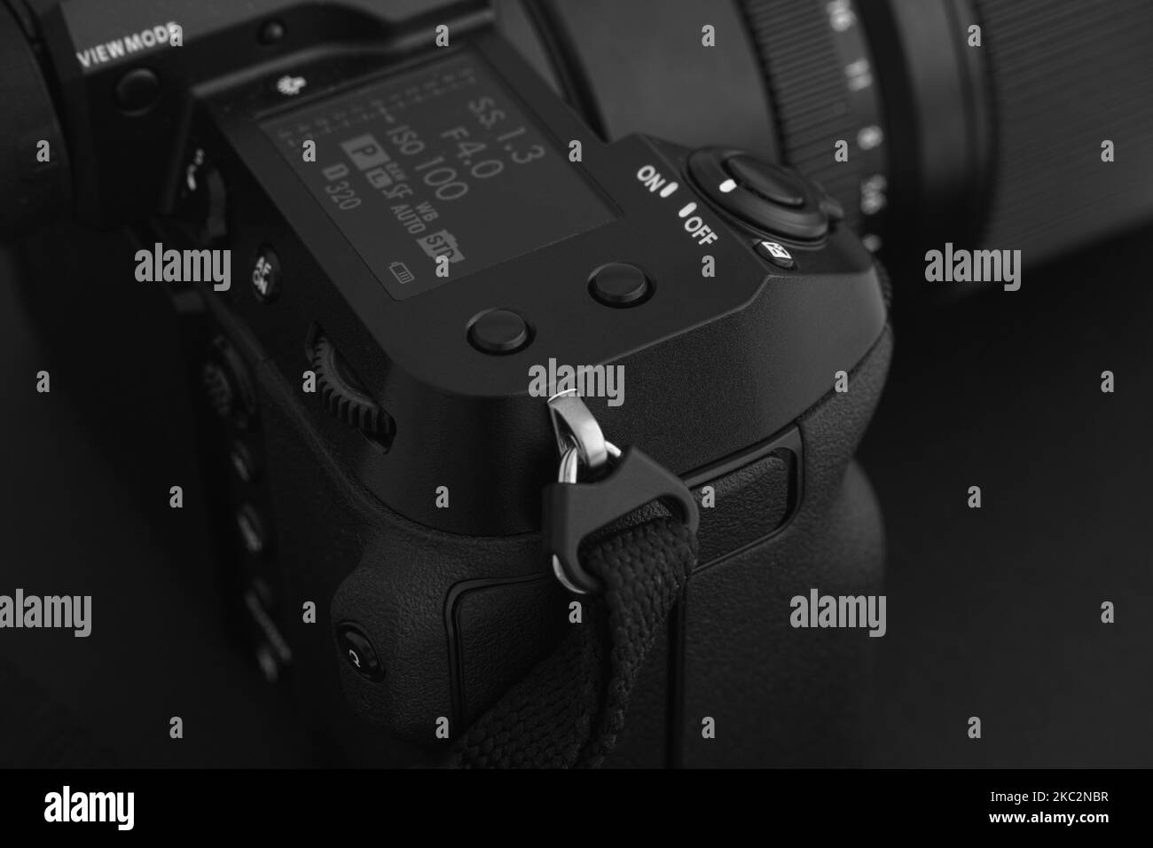 Tambov, Russian Federation - July 19, 2021 Fujifilm GFX 100S medium format camera on a black background. Black and white. Close up. Stock Photo