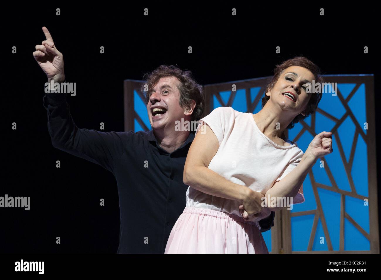 The actors Gabino Diego and Cecilia Solaguren during the performance of the theater play 'Los mojigatos' directed by Magüi Mira, at the Bellas Artes theater in Madrid. on October 27, 2020 in Madrid, Spain. (Photo by Oscar Gonzalez/NurPhoto) Stock Photo