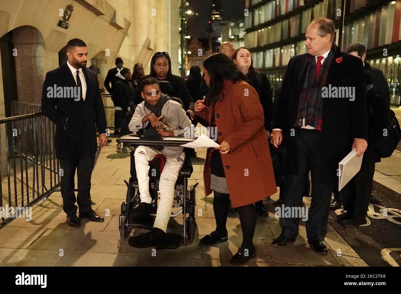 James Bascoe-Smith outside the Old Bailey, London, after Leon Rashid, 20, and Taiquane Lewis, 19, were each handed life sentences with minimum terms of 14 years and 13 years respectively for conspiracy to murder. Bascoe-Smith, then aged 16, was left in a wheelchair after he was knocked off a bicycle and repeatedly knifed by masked men in Brixton, south London, last February 23. Picture date: Friday November 4, 2022. Stock Photo