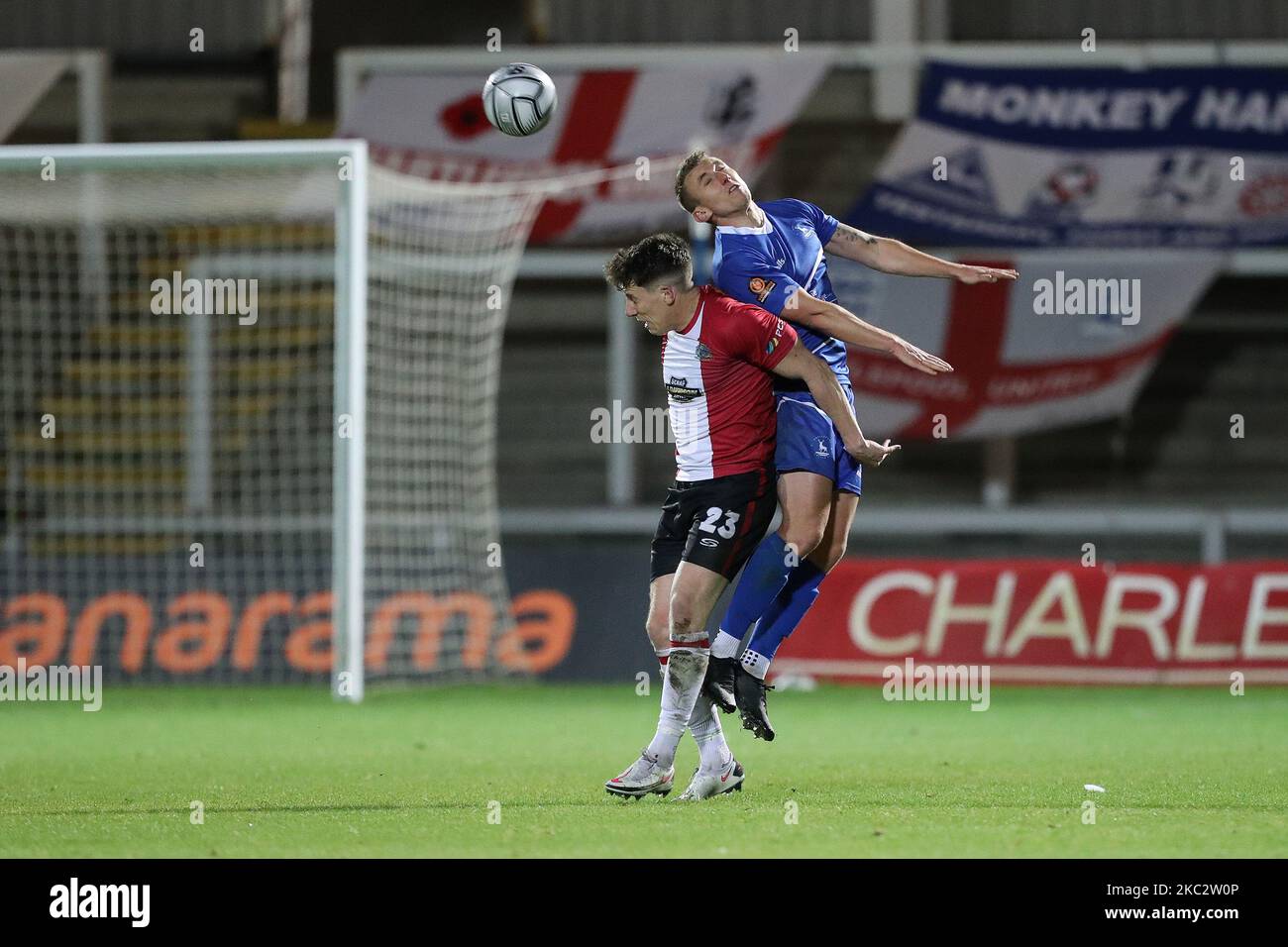 Tom Peers of Altricham contests a header with David Ferguson of Hartlepool  United during the Vanarama National League match between Hartlepool United  and Altrincham at Victoria Park, Hartlepool on Tuesday 27th October