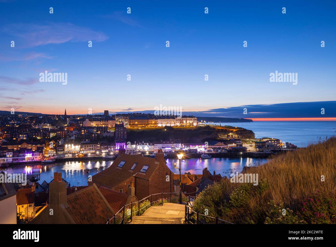 Looking down The 199 Steps to the Harbour Whitby North Yorkshire England at twilight Stock Photo