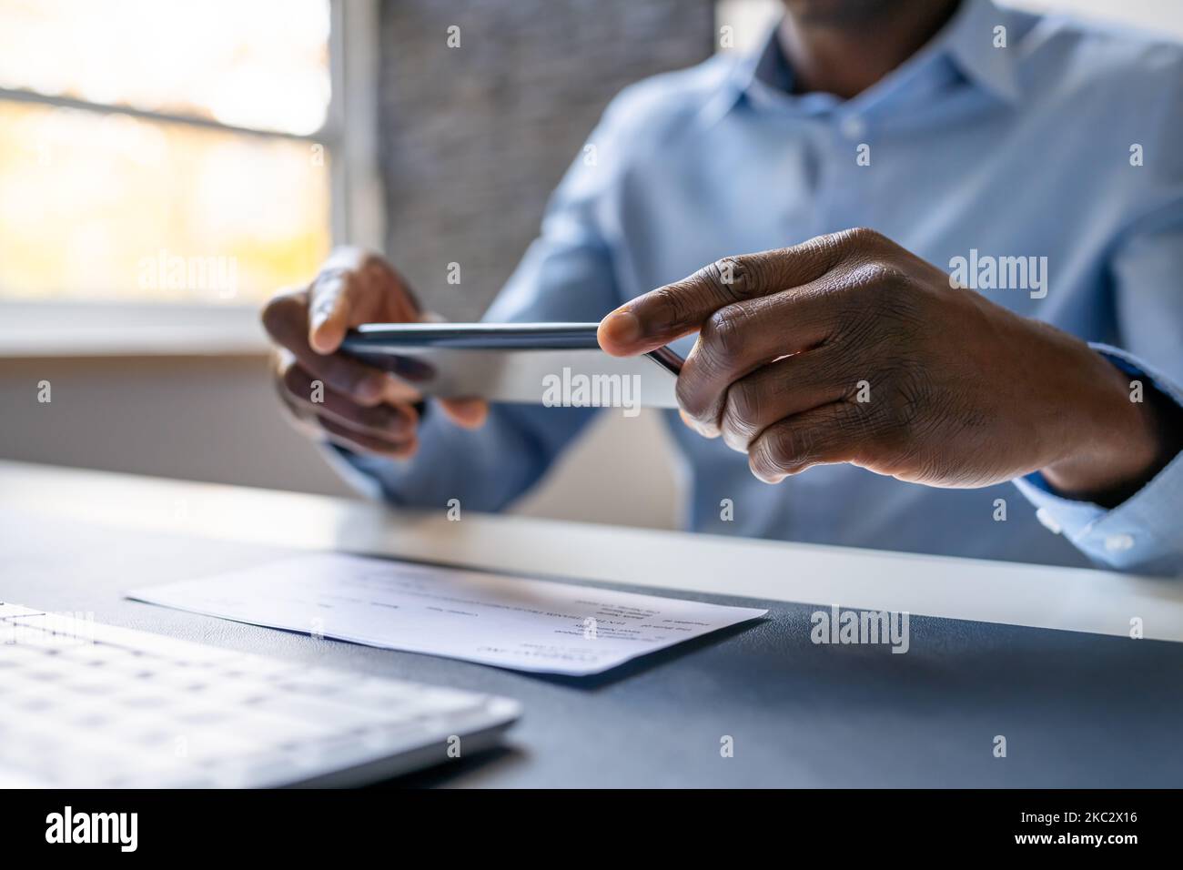 Remote Check Deposit Using Mobile Remote. Taking Photo Stock Photo