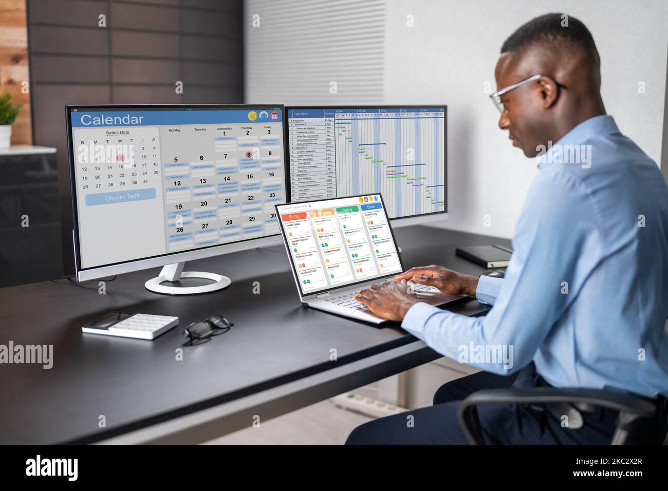 Kanban Project Management Software On Laptop. Digital Calendar Schedule Stock Photo