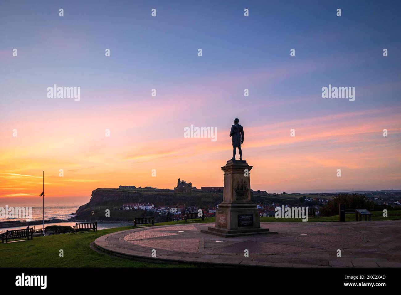 Captain Cook memorial Statue Whitby North Yorkshire England at sunrise Stock Photo