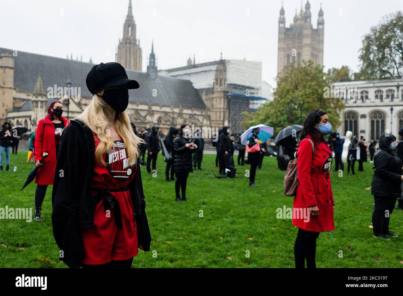 West End Waiting (WEW) are creating “Singing Flash Mob” at midday at Parliament Square on October 31, 2020 in London, United Kingdom. The idea was born as a direct result of Lee’s passion for the industry which generates some £5.6billion a year in the UK, is in decline through lack of Government support in recent months due to the COVID-19 Pandemic. (Photo by Maciek Musialek/NurPhoto) Stock Photo