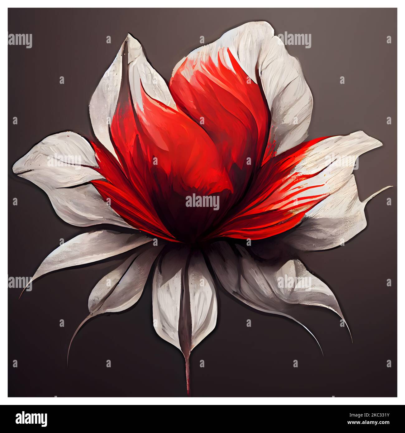 A digital illustration of a white and red flower painting on a brown