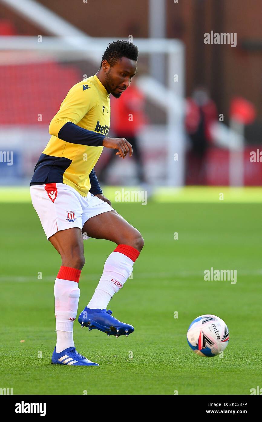 Mikel John Obi of Stoke City warms up ahead of kick-off during the Sky Bet Championship match between Stoke City and Rotherham United at the Britannia Stadium, Stoke-on-Trent on Saturday 31st October 2020. (Photo by Jon Hobley/MI News/NurPhoto) Stock Photo