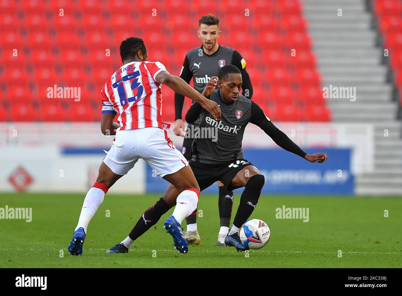 Mickel Miller of Rotherham United battles with Mikel John Obi of Stoke City during the Sky Bet Championship match between Stoke City and Rotherham United at the Britannia Stadium, Stoke-on-Trent on Saturday 31st October 2020. (Photo by Jon Hobley/MI News/NurPhoto) Stock Photo