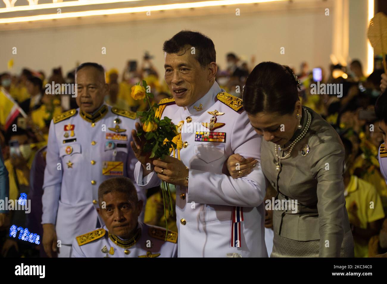 Thailandâ€™s King Maha Vajiralongkorn and Queen Suthida greet royalist supporters outside the Grand Palace in Bangkok on November 1, 2020 in Bangkok, Thailand. (Photo by Vachira Vachira/NurPhoto) Stock Photo