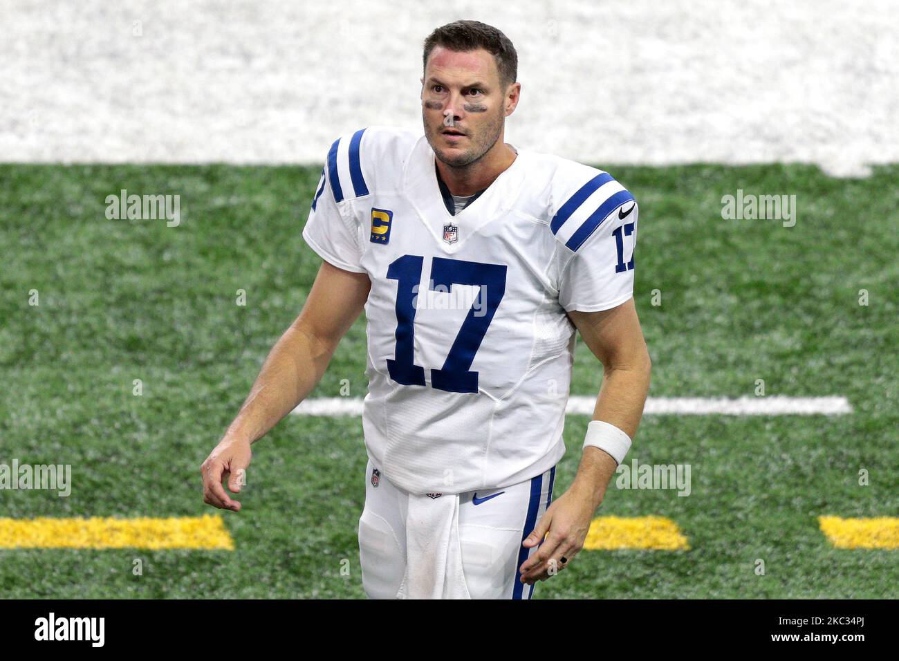 Indianapolis Colts quarterback Philip Rivers (17) walks off the field after an NFL football game against the Detroit Lions in Detroit, Michigan USA, on Sunday, November 1, 2020 (Photo by Jorge Lemus/NurPhoto) Stock Photo