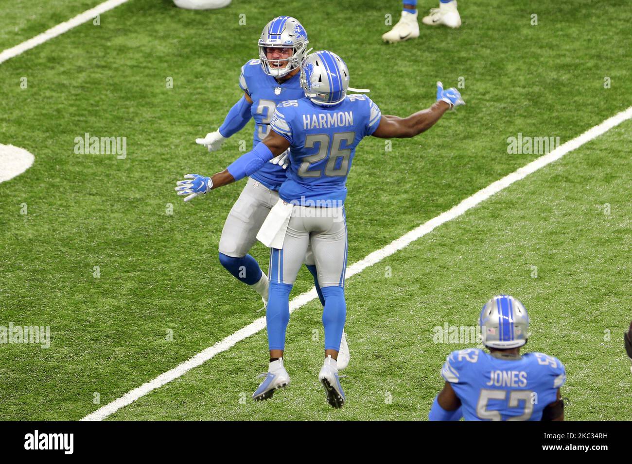 Detroit Lions safety Miles Killebrew (35) and Detroit Lions strong safety Duron Harmon (26) celebrate after a play during the first half of an NFL football game against the Indianapolis Colts in Detroit, Michigan USA, on Sunday, November 1, 2020. (Photo by Amy Lemus/NurPhoto) Stock Photo