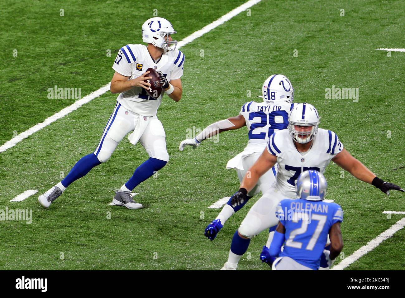 Indianapolis Colts quarterback Philip Rivers (17) looks to pass during the first half of an NFL football game against the Indianapolis Colts in Detroit, Michigan USA, on Sunday, November 1, 2020. (Photo by Amy Lemus/NurPhoto) Stock Photo