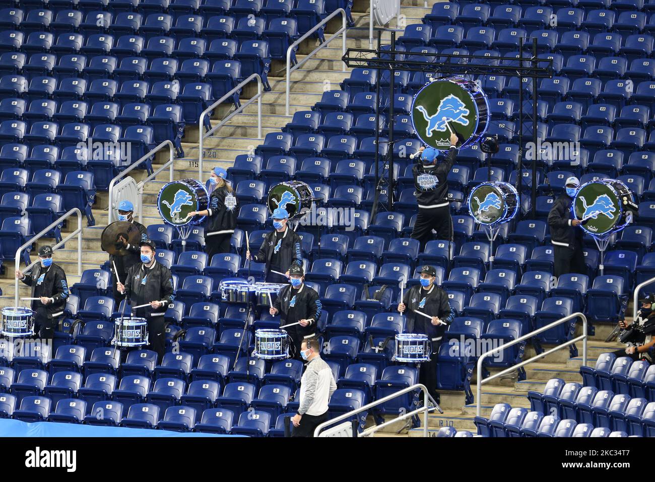 Honolulu Boom, the Detroit Lions Drumline plays during the first half of an NFL football game against the Indianapolis Colts in Detroit, Michigan USA, on Sunday, November 1, 2020. (Photo by Amy Lemus/NurPhoto) Stock Photo