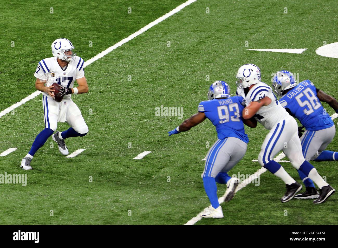 Indianapolis Colts quarterback Philip Rivers (17) looks to pass during the first half of an NFL football game against the Detroit Lions in Detroit, Michigan USA, on Sunday, November 1, 2020. (Photo by Amy Lemus/NurPhoto) Stock Photo
