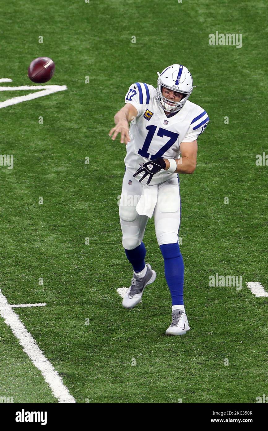 Indianapolis Colts quarterback Philip Rivers (17) passes the ball during the first half of an NFL football game against the Detroit Lions in Detroit, Michigan USA, on Sunday, November 1, 2020. (Photo by Amy Lemus/NurPhoto) Stock Photo